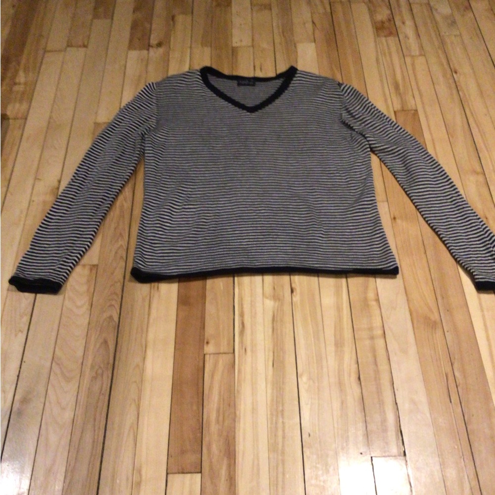 Agnes B. Black and White Striped V-Neck Top